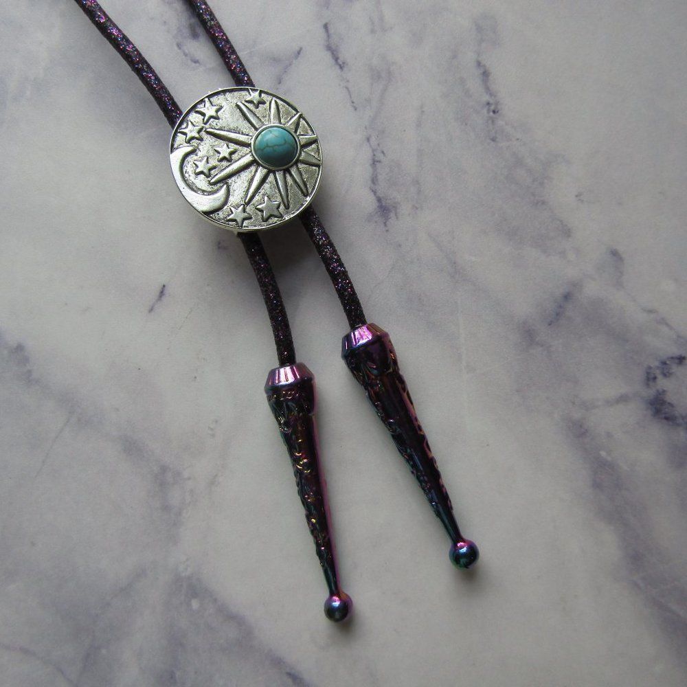 Celestial Dreamer Purple Glittery Crescent Moon Sun Turquoise Design